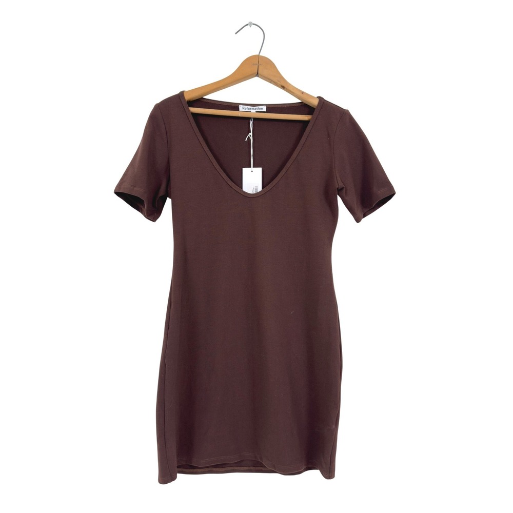Reformation Aubriella Knit Dress Cafe V-neck Body con Organic Cotton - Large